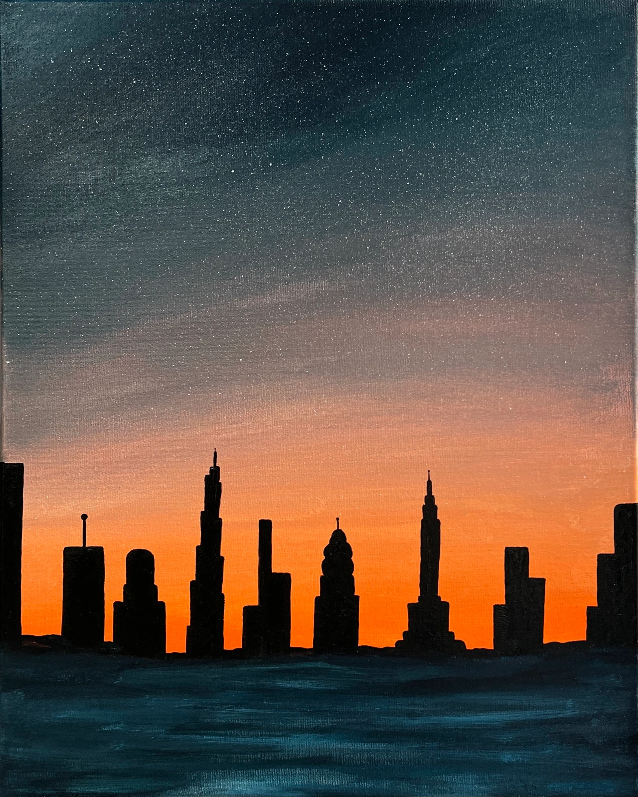 Orange sunset behind a dark city skyline above deep blue water in Saray’s painting