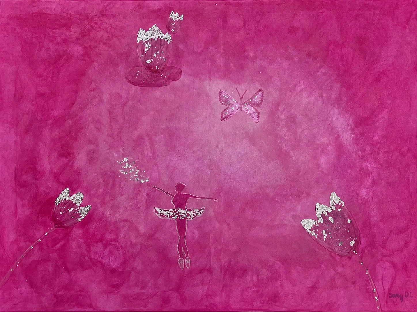Magenta painting with a silver-detailed ballerina, butterfly, and flowers over layered brushwork