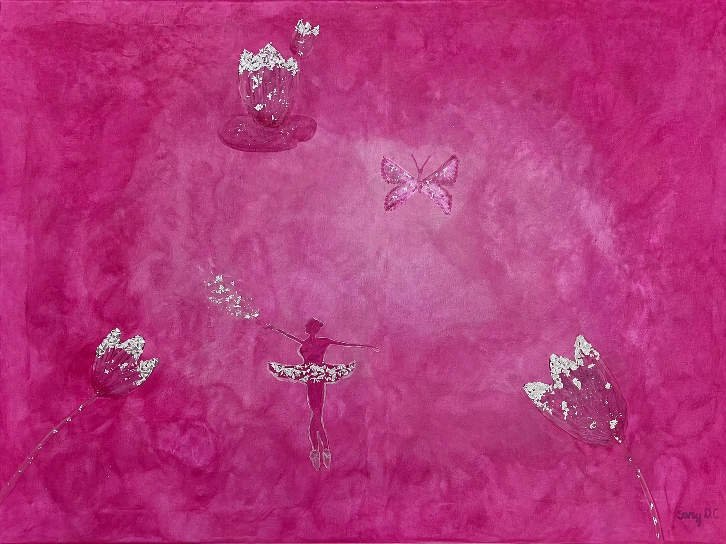Magenta painting with a silver-detailed ballerina, butterfly, and flowers over layered brushwork