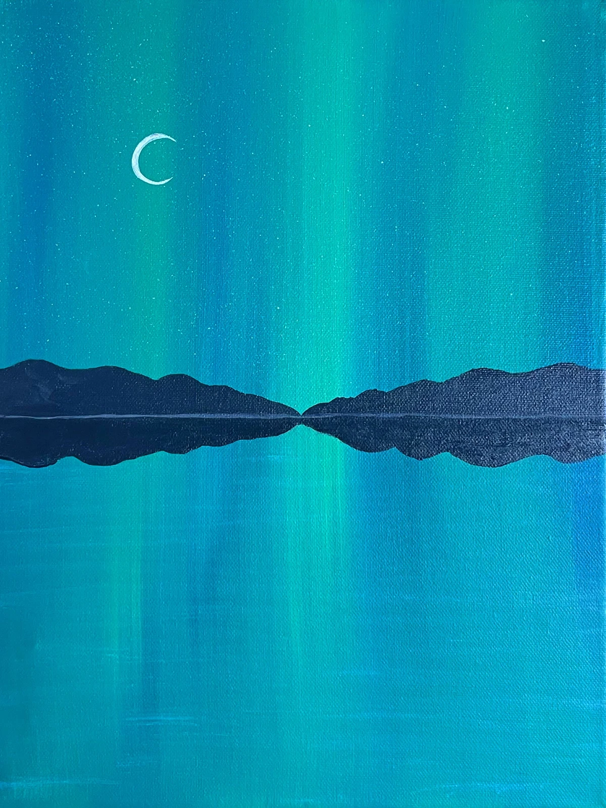 Turquoise and deep-blue painting with a white crescent moon above mirrored mountain silhouettes