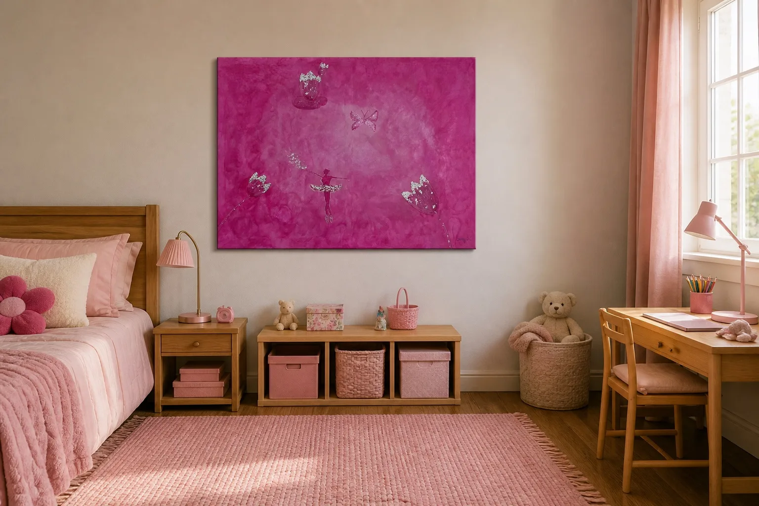 Concept pink bedroom for a young girl with Saray’s magenta ballerina painting displayed on the wall