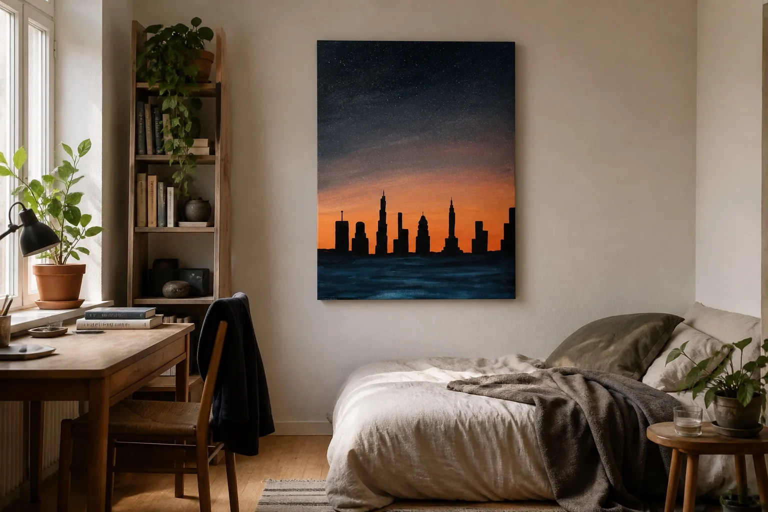 Concept interior with Saray’s city-sunset painting hanging in a young adult’s bedroom studio