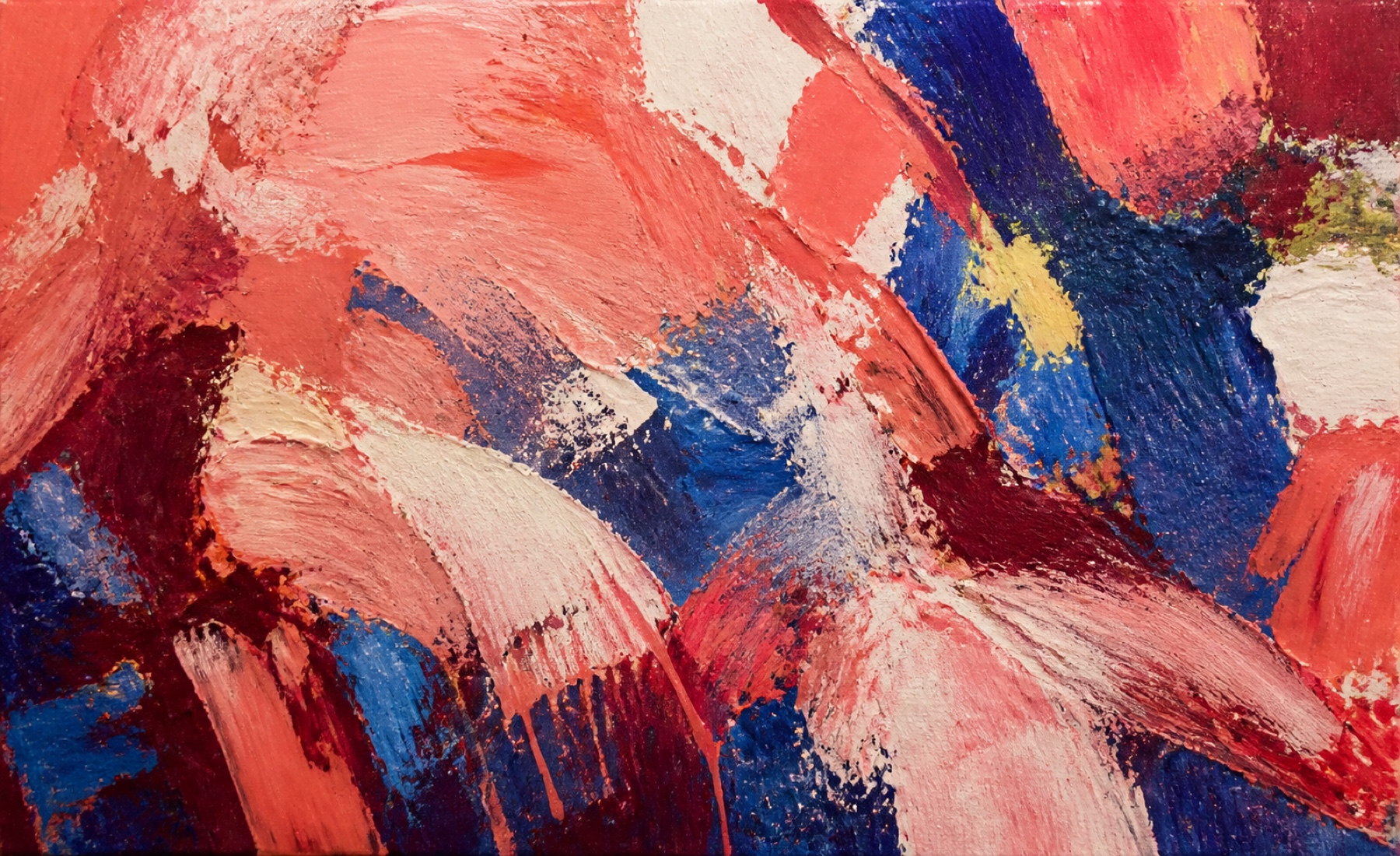 Synthetic placeholder: tactile abstract painting in rose, coral, cobalt, and wine