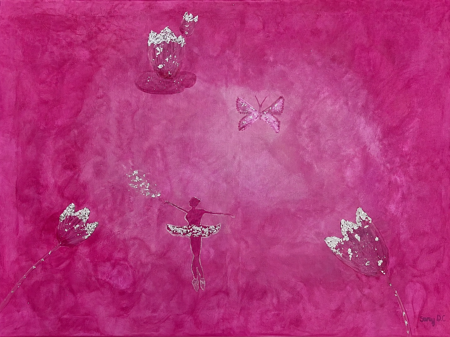 Magenta painting with a silver-detailed ballerina, butterfly, and flowers over layered brushwork