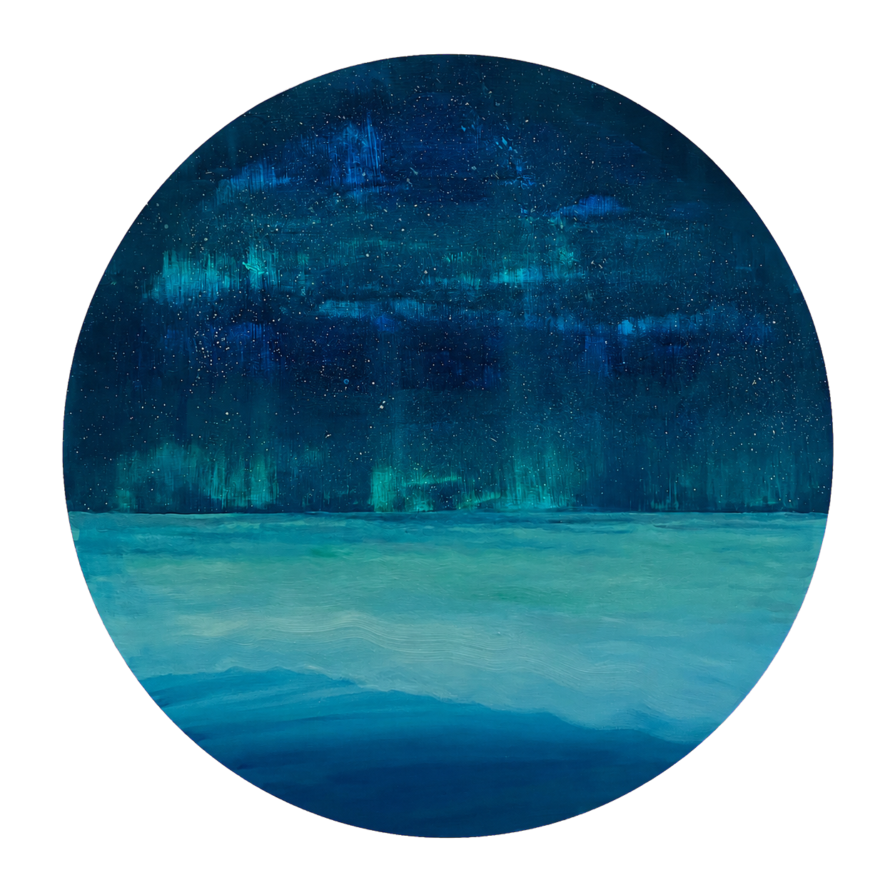 Round blue and turquoise painting with a star-speckled midnight sky above layered water