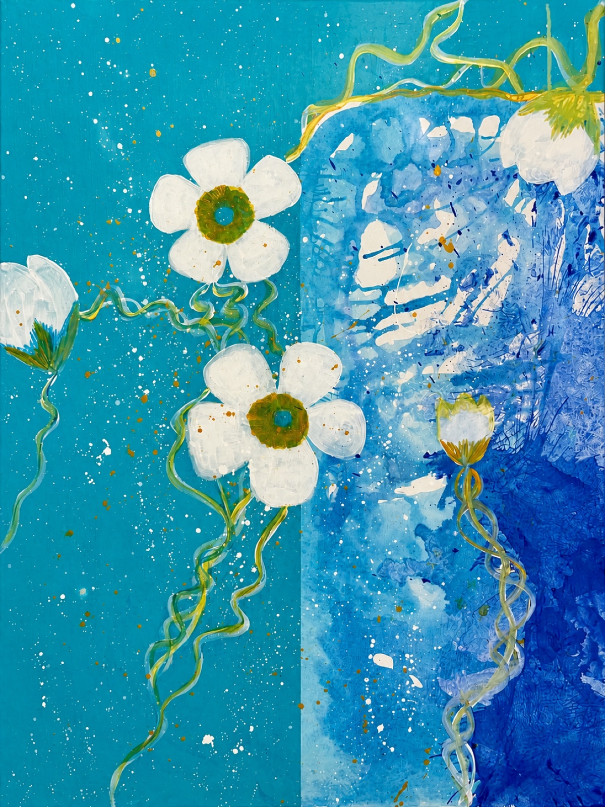 Turquoise and cobalt painting with white flowers, curling stems, and expressive layered brushwork