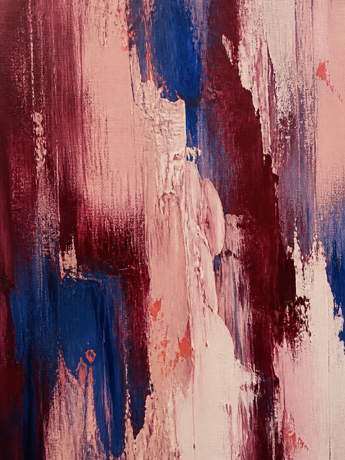 Synthetic placeholder: vertical abstract painting in wine, blush, and cobalt