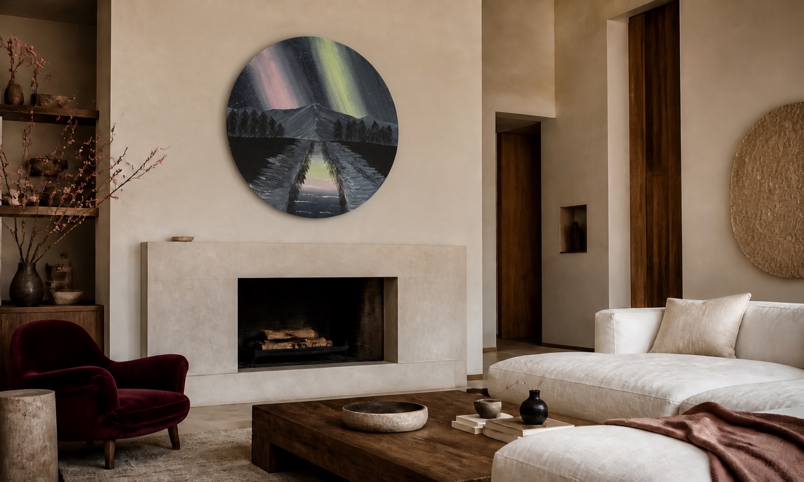 Concept interior with Saray’s circular aurora landscape painting displayed above a pale stone fireplace
